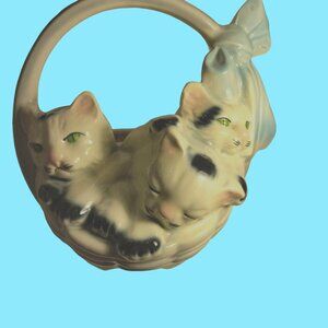 American Bisque Pottery Planter Basket Kittens Ceramic Cats